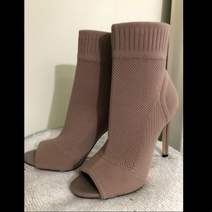 Tan Peek Toe Sock Heeled Booties